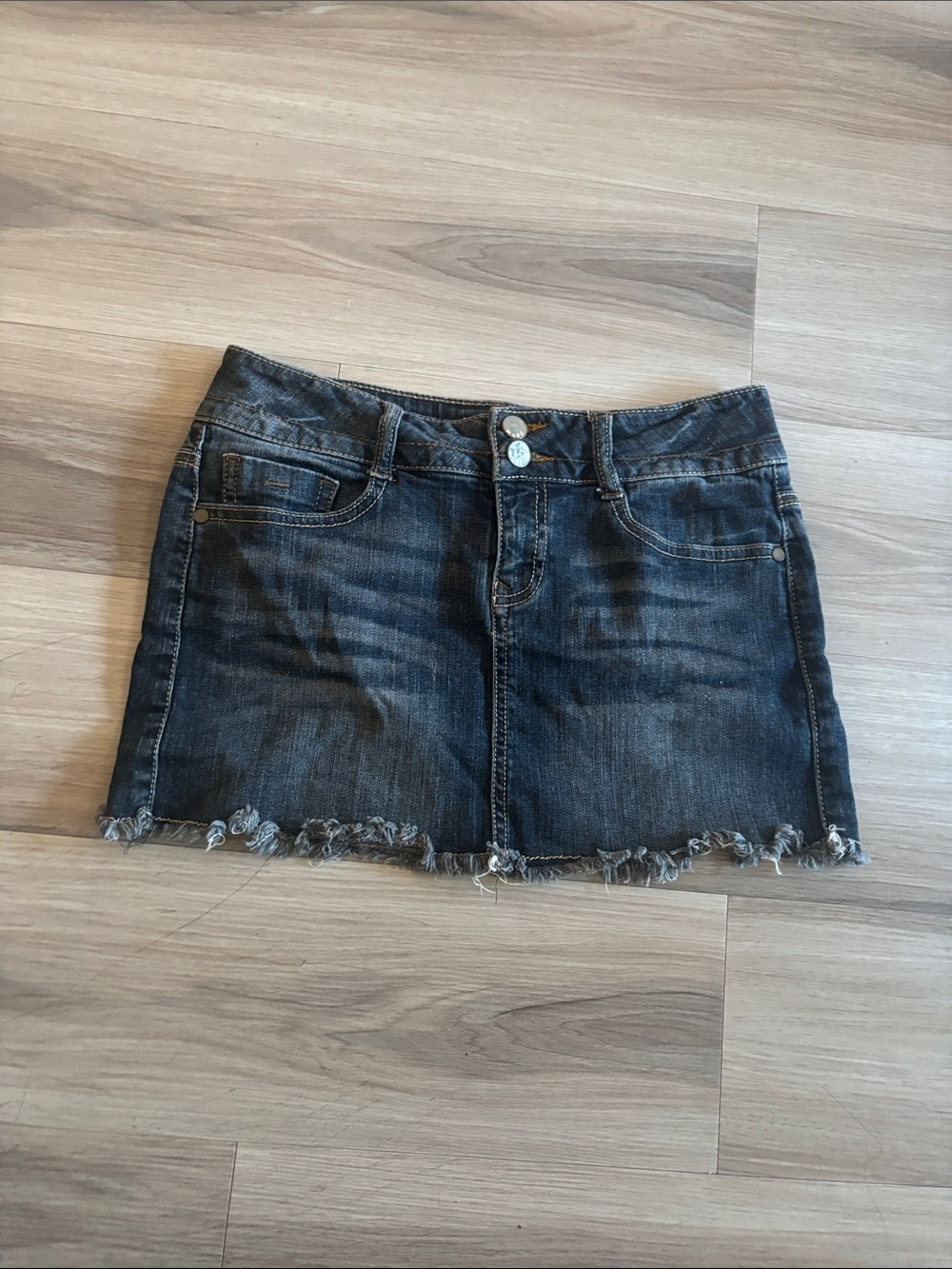 Mudd Washed Denim Mini Skirt with Frayed Hem